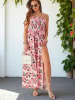 Resti Patterned women's midi dress without sleeves with a wide elastic band and slits at the bottom