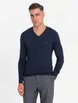 Ombre Men's elegant BASIC V-neck sweater with viscose - navy blue