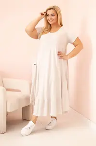 Kesi Włoski Dámske šaty plus size s krátkym rukávom a volánom z ľahkej viskózy béžová