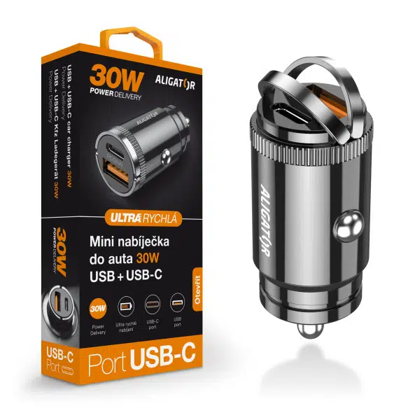 Nabíječka do auta Aligator Power Delivery 30W, USB-C+USB-A, černá