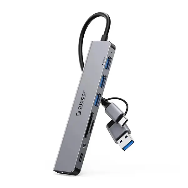 Orico YSA8-U3 HUB adaptér USB / USB-C - 3x USB 2.0 / USB 3.0 / USB-C / 3.5mm jack / 2x TF SD, šedý