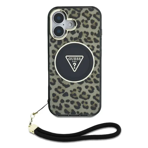 Zadní kryt Guess IML Leopard Triangle Logo Strap MagSafe pro Apple iPhone 16, hnědá