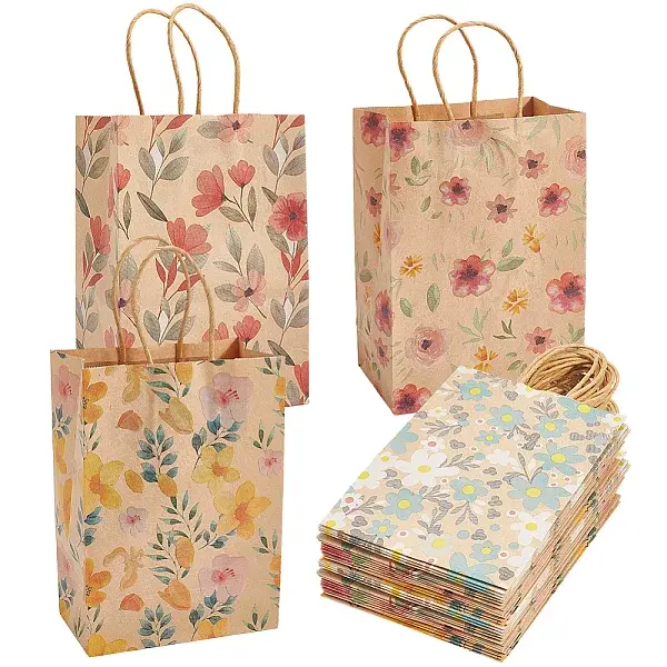 16Pcs 4 Styles Flower Print Paper Bags with Handles