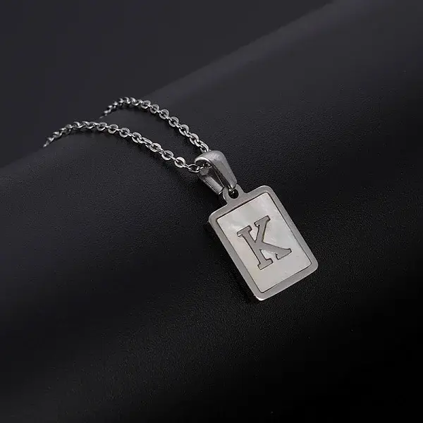 Rectangle Stainless Steel Pave Natural White Shell Pendant Necklaces