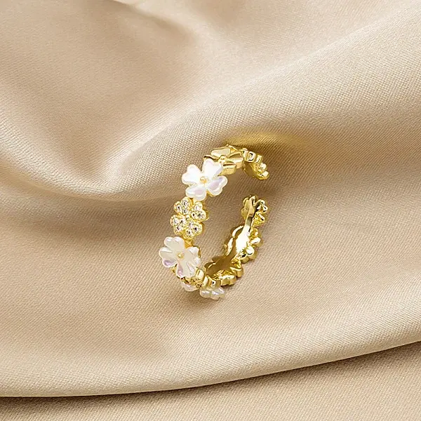 Flower Brass Micro Pave Clear Cubic Zirconia Cuff Rings for Women