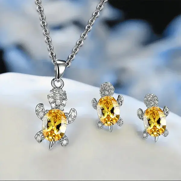 Tortoise Alloy Rhinestone & Glass Pendant Necklaces & Stud Earrings Sets