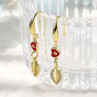 Leaf with Heart Brass Micro Pave Clear Cubic Zirconia Dangle Earrings