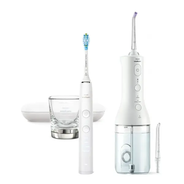 Philips Sonicare 9000 DiamondClean + PowerFlosser HX3886/41 sonický zubní kartáček + ústní sprcha 2 ks white
