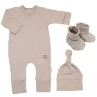 Baby Nellys Rostoucí žebrovaný overálek, čepička a botičky, 3D, Nature - toffi, vel. 86/92