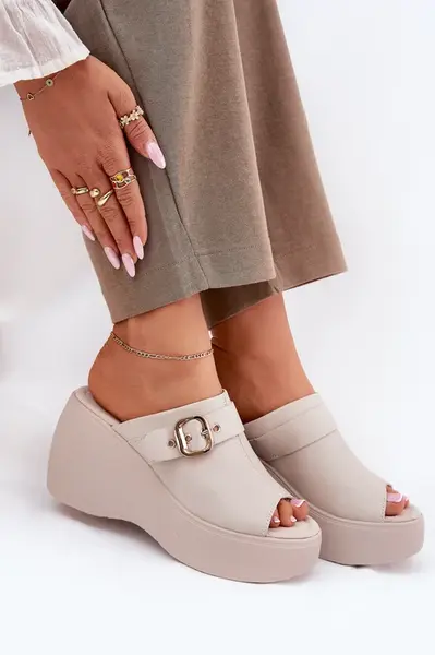 S. BARSKI Kožené Dámské Sandály Na Platformě A Klínu S Přezkou Béžové S.Barski