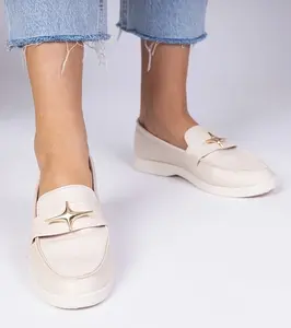 Gemre Beige Women's Loafers with Gold Decoration Senna