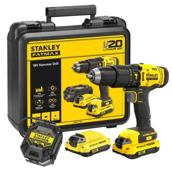 Stanley Nářadí - 18V AKU vrtačka s příklepem, 2x aku 1,5 Ah Li-Ion, nabíječka SFMCD711C2K-QW