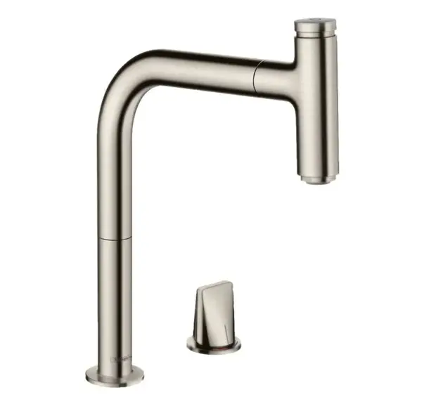 Hansgrohe M71 - Drezová batéria M7119-H200 s výsuvnou spŕškou, 2-otvorová inštalácia, sBOX, vzhľad nerezový 73804800