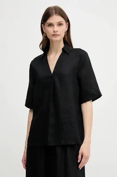 Lněná halenka United Colors of Benetton dámská, černá barva, hladká, 5BMLDQ0B6