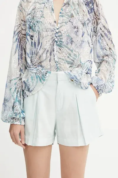 Šortky s příměsí lnu Guess SHAYE dámské, tyrkysová barva, high waist, W5GD1J WG8N0