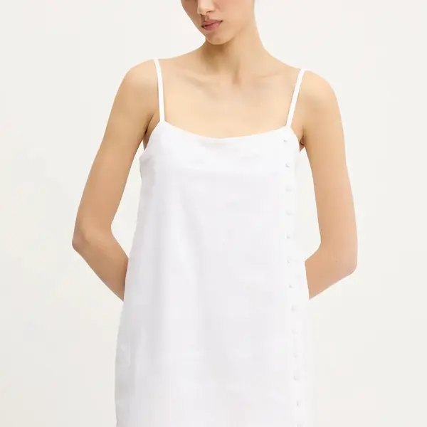 Lněné šaty Abercrombie & Fitch béžová barva, mini, KI159-5696