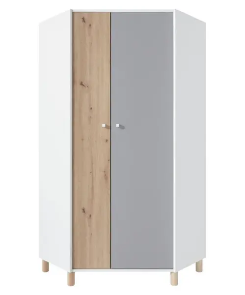 Rohová šatní skříň rasmus - bílá/šedá/dub artisan