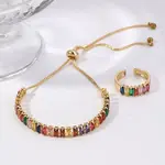 Chic Rectangle Brass Rhinestone Slider Bracelets & Cuff Rings Sets for Daily Wear