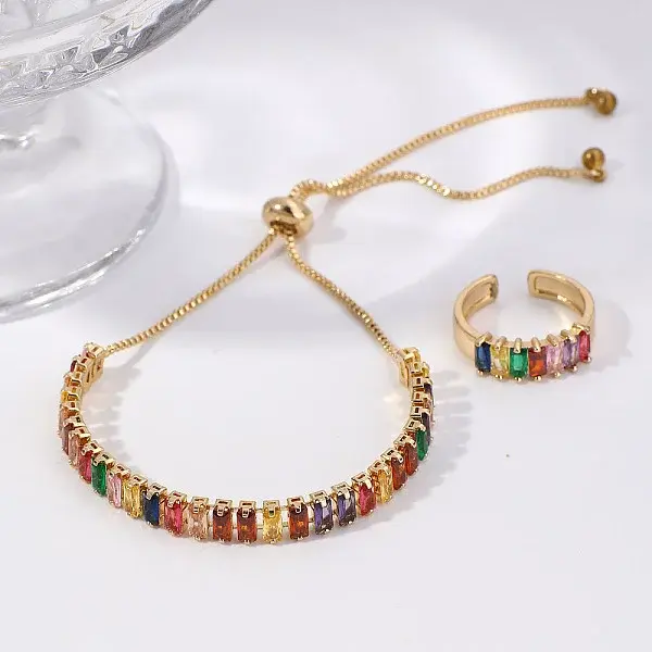 Chic Rectangle Brass Rhinestone Slider Bracelets & Cuff Rings Sets for Daily Wear