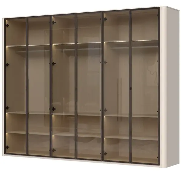 Šestidveřová šatní skříň s osvětlením a prosklenými dveřmi renfri -