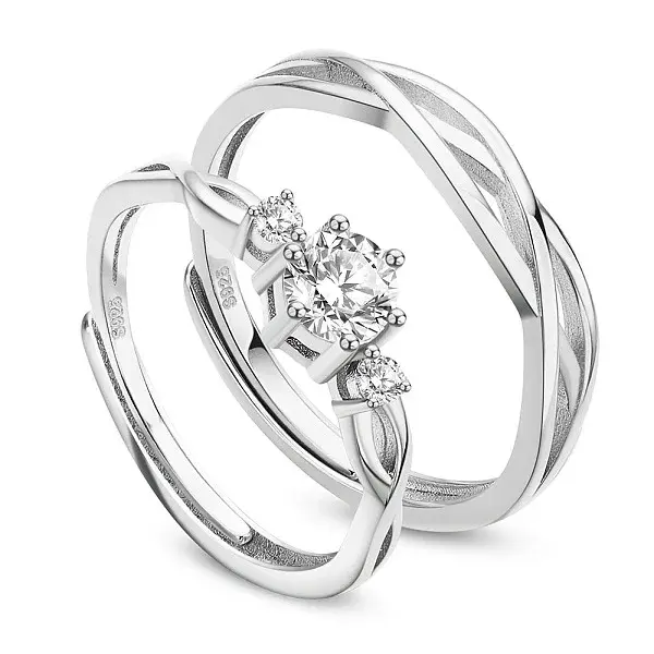 Adjustable Rhodium Plated 925 Sterling Silver Couple Rings