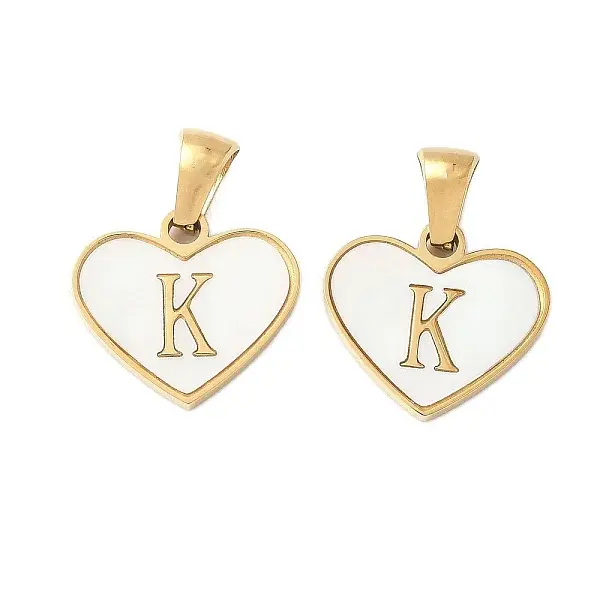 304 Stainless Steel Pave Natural White Shell Heart with Initial Slice Pendants