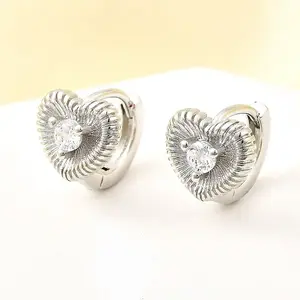 Heart Brass Micro Pave Clear Cubic Zirconia Hoop Earrings