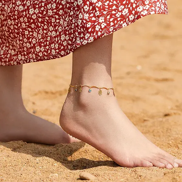 Bohemian Brass & Resin Light Blue Evil Eye & Hamda Hand Tassel Anklets