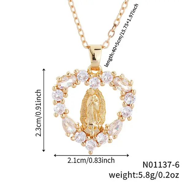 Vintage Brass Cubic Zirconia Religious Virgin Mary Heart Hollow Pendant Necklaces