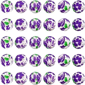 30Pcs Printed Round with Flower Pattern Silicone Focal Beads