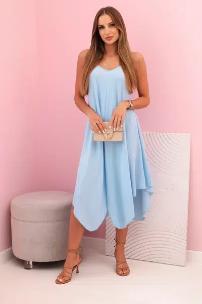 Kesi Włoski Women's dress with straps flared with an asymmetrical hem modrý