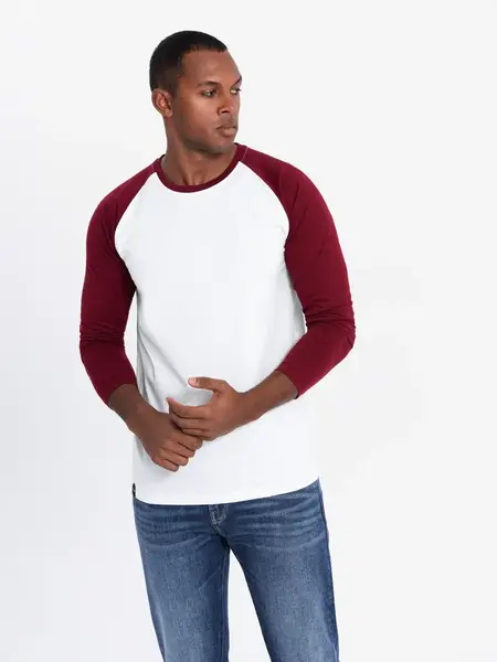 Ombre Men's longsleeve with contrasting raglan sleeves - white and maroon