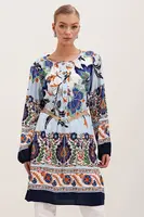 Bigdart 5902 Belted Patterned Dress - Navy Blue