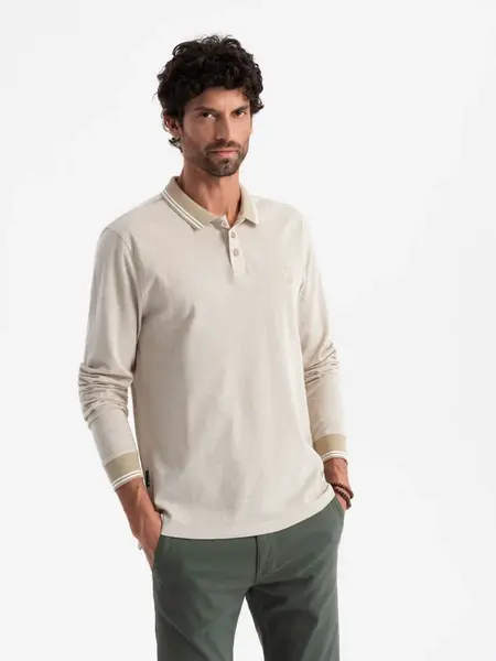 Ombre Men's melange polo longsleeve with embroidery - sand melange