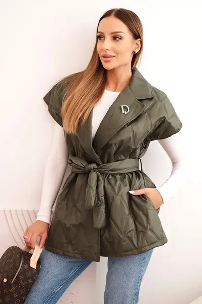 Kesi Włoski Dámska prešívaná vesta s opaskom a širokým golierom khaki