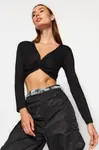 Trendyol Black Knot Detailed Fitted V-Neck Crop Stretchy Knitted Blouse