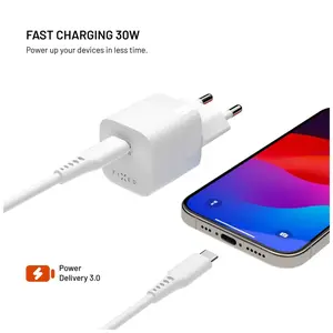 Set síťové GaN nabíječky FIXED Mini s USB-C výstupem a USB-C/USB-C kabelu, podpora PD, 1,2 metr, 30W, bílá