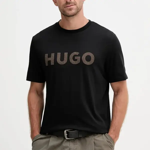 Bavlněné tričko HUGO Dulivio_U253 pánské, černá barva, s aplikací, 50542737