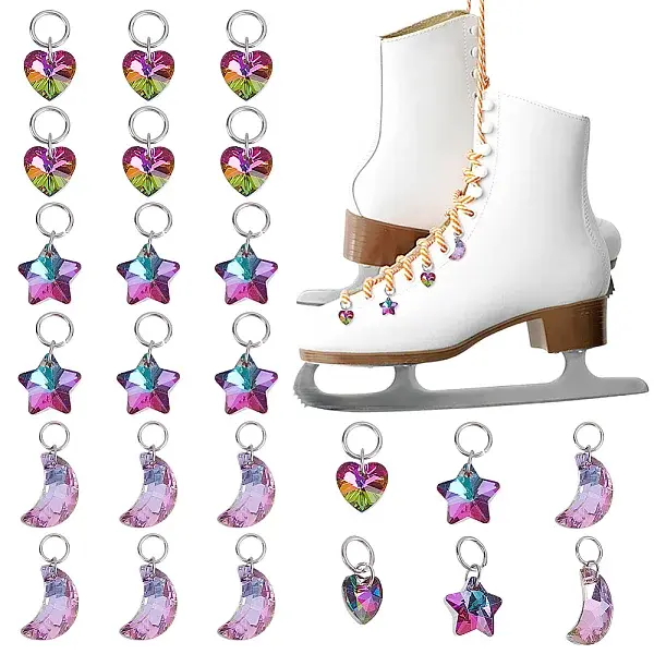 24Pcs 3 Styles Star & Moon & Heart Glass Shoes Charms