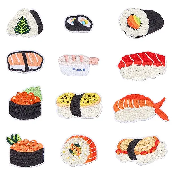 12Pcs 12 Styles Sushi Polyester Embroider Thread Iron on/Sew On Patches