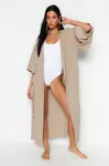 Trendyol Beige Belted Maxi Woven Linen Look Beach Kimono&Caftan