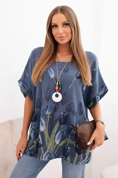 Kesi Włoski Dámská bavlněná košile s květinovým vzorem džínová modrá