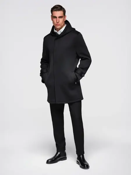 Ombre Men's minimalist medium length coat with hood - black
