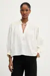 Bavlněná halenka BOSS Orange dámská, béžová barva, s aplikací, 50546176