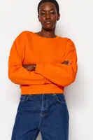 Trendyol Orange Relaxed Cut Crop Basic Crew Neck Thick Fleece Inside Knitted Sweatshirt