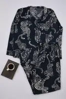 Trendyol Curve Anthracite Shirt Collar Tiger Patterned Woven Pajama Set