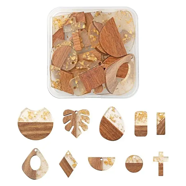 20Pcs 10 Style Resin & Walnut Wood Pendants