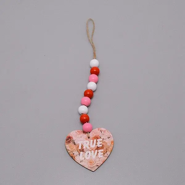 Valentine's Day Theme Schima Wood Beads & Hemp Rope Pendants Decorations