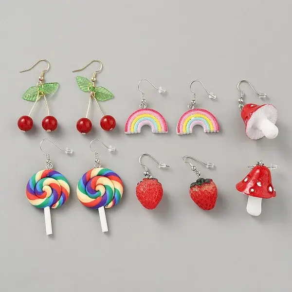 5 Pairs Iron Resin Dangle Earring Sets