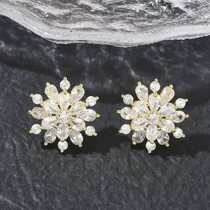 Snowflake Brass & Clear Cubic Zirconia Stud Earrings
